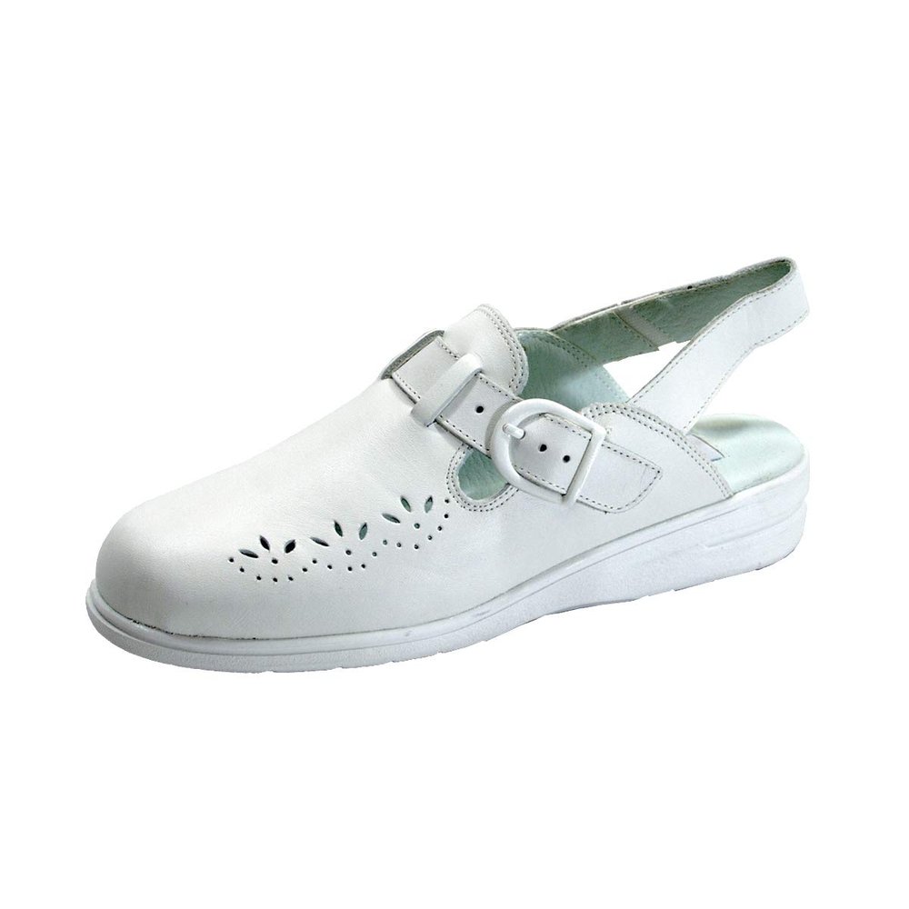 24 Hour Comfort Leslie (1805) Women's Wide Width Leather Back Strap Clogs White 5