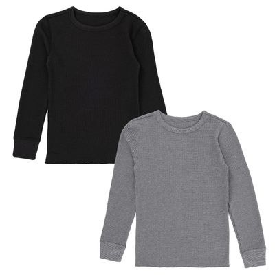 Fruit of the Loom Boys Premium 2-Pack Thermal Waffle Crew Top, Black/Heather Greystone, 4-5