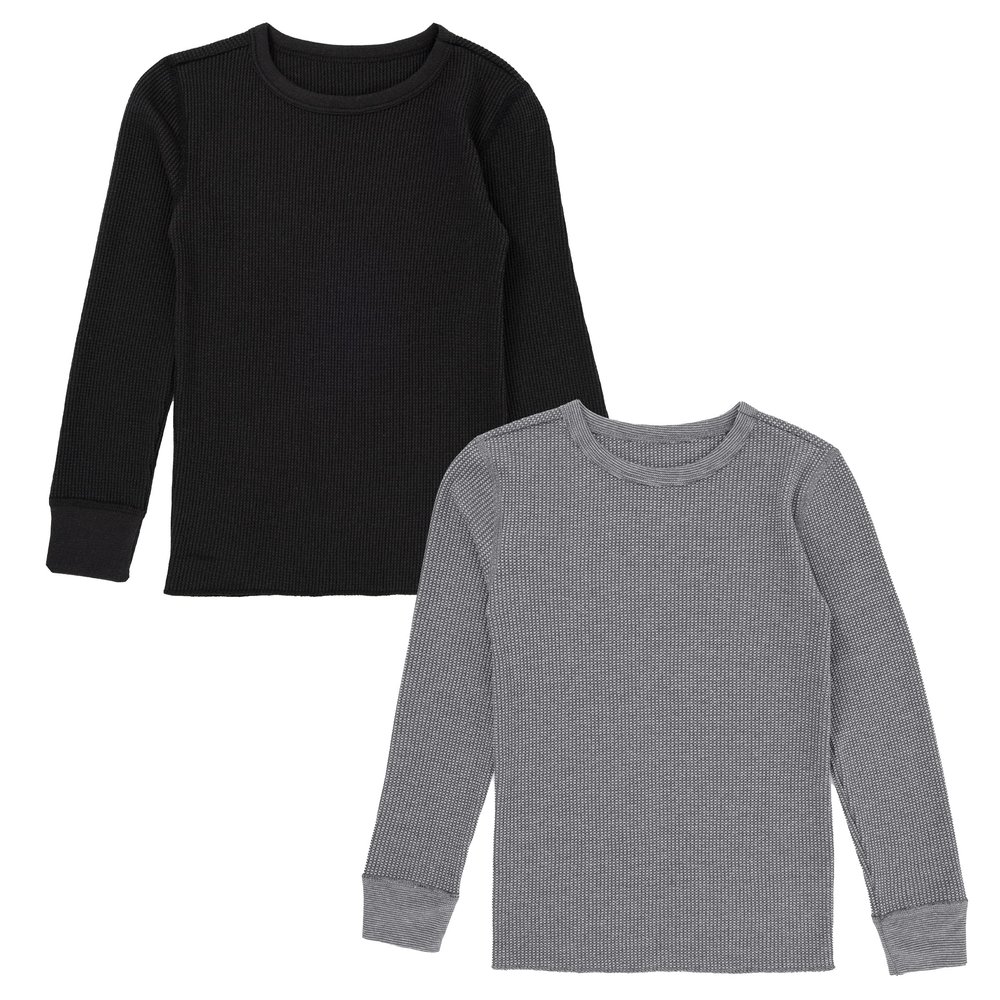 Fruit of the Loom Boys Premium 2-Pack Thermal Waffle Crew Top, Black/Heather Greystone, 4-5