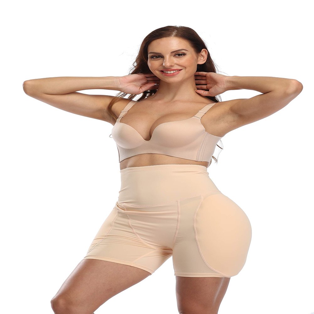2PS Sponge Padded Women's Underwear HIPS Butt Hip Up Padded Enhancer Hip Pants Suitable for Low Waist Skirt (L, Beige High Waist)