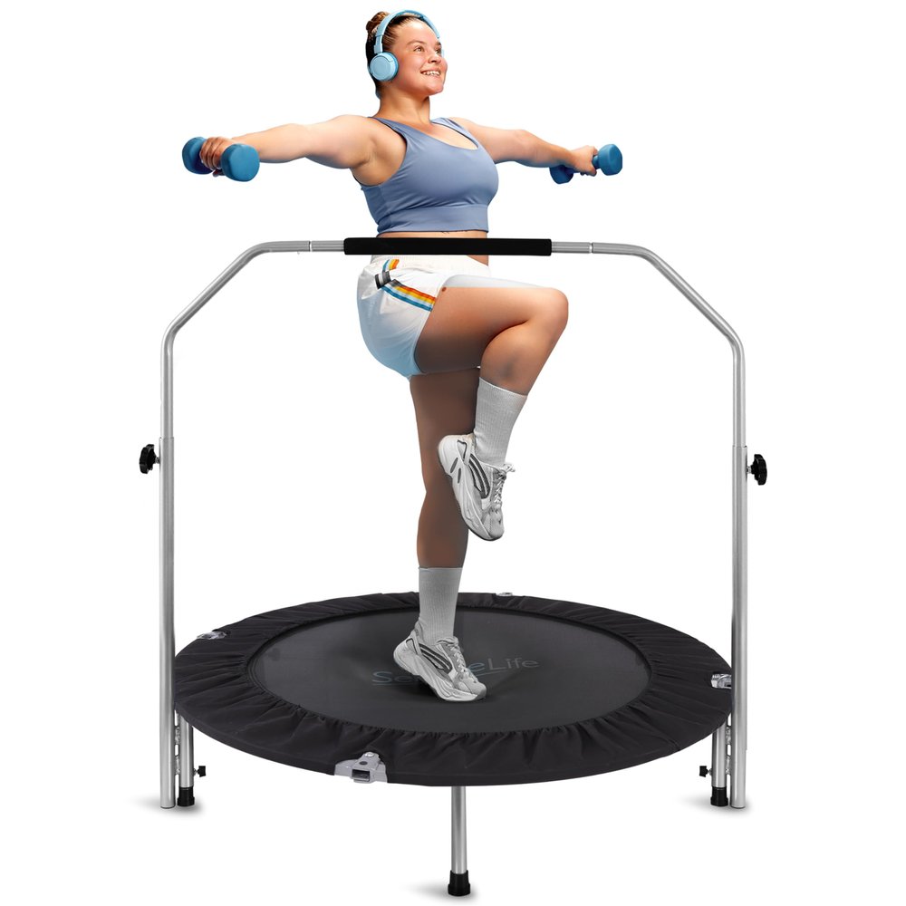 SereneLife 40" Foldable Mini Trampoline - Compact Fitness Trampoline for Kids Adults, Exercise Rebounder with Adjustable Foam Handle, Indoor/Garden Workout Equipment, Max Load 220 lbs, Black