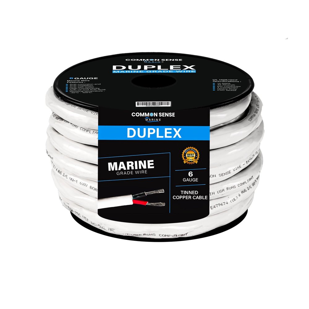 6/2 AWG UL 1426 (The Real Thing) Duplex Round Marine Wire - Tinned Copper Boat Cable - Red/Black - 60 Feet - White PVC Jacket