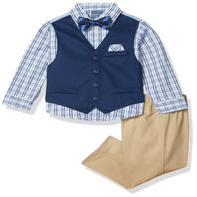 Nautica Boys' 4-Piece Vest Set with Dress Shirt, Bow Tie, Vest, and Pants, Khaki/Navy, 4