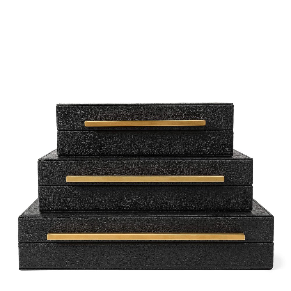 Kingflux Faux Black Shagreen Leather Set of 3 Pcs Decorative Boxes, Storage Boxes Jewelry Organizer, Men's Accessory Organizer (Black)