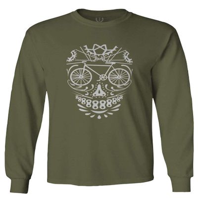 0305. Biker Skull Graphic Biking Mountain Bike Bicycle MTB Rider Men's Long Sleeve t Shirt (Olive, Large)