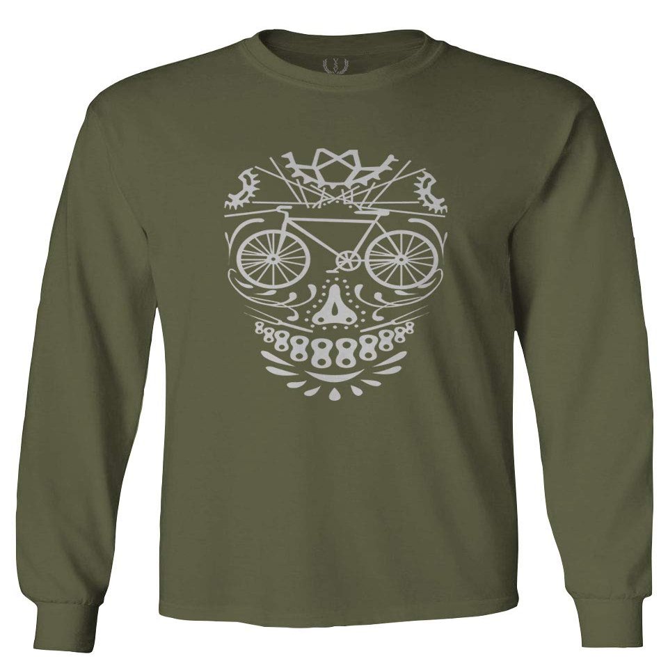 0305. Biker Skull Graphic Biking Mountain Bike Bicycle MTB Rider Men's Long Sleeve t Shirt (Olive, Large)