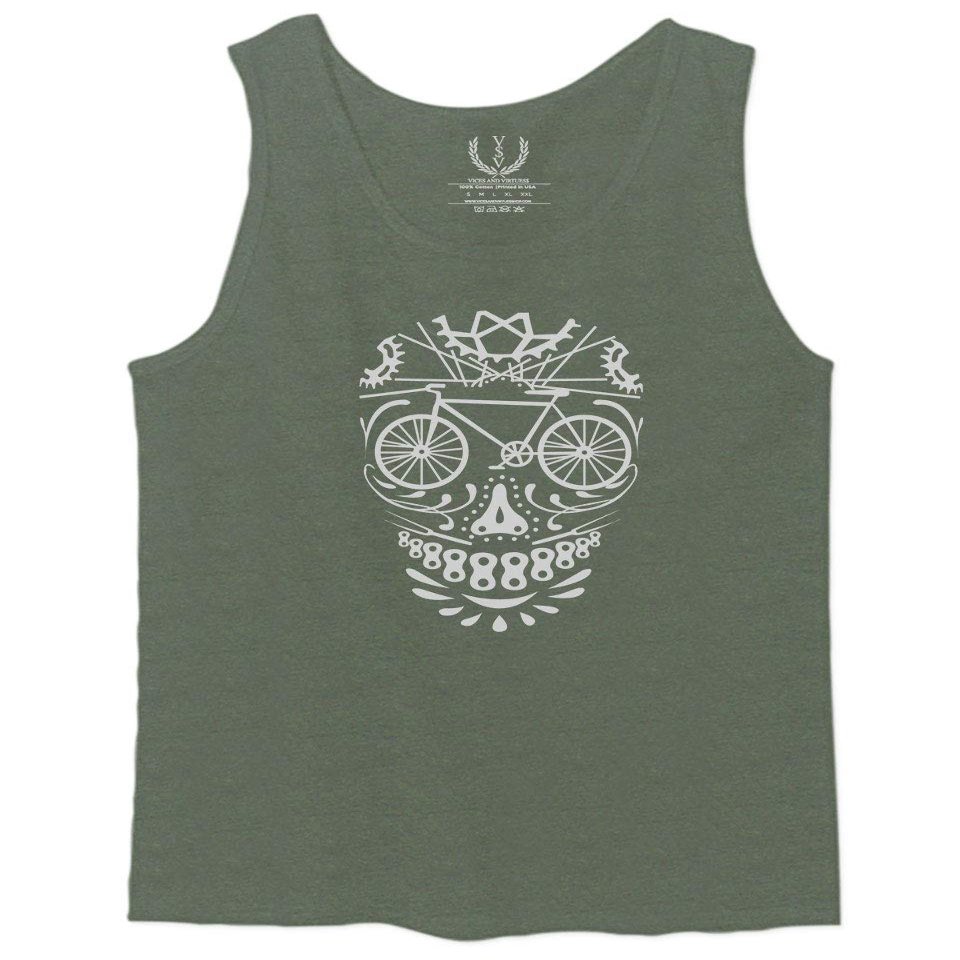 0305. Biker Skull Graphic Biking Mountain Bike Bicycle MTB Rider Men's Fitted Tank Top (Olive, X-Large)