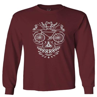 0305. Biker Skull Graphic Biking Mountain Bike Bicycle MTB Rider Men's Long Sleeve t Shirt (Maroon Small)