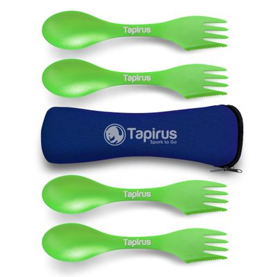 Tapirus - 4 Green Spork to Go Set - 7-inch Durable & BPA Free Sporks - Spoon, Fork and Knife Combo Utensils Flatware - Mess Kit for Camping, Hunting and Outdoor Activities - Comes in a Carrying Case