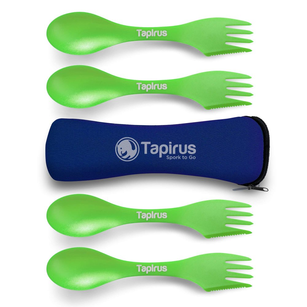 Tapirus - 4 Green Spork to Go Set - 7-inch Durable & BPA Free Sporks - Spoon, Fork and Knife Combo Utensils Flatware - Mess Kit for Camping, Hunting and Outdoor Activities - Comes in a Carrying Case
