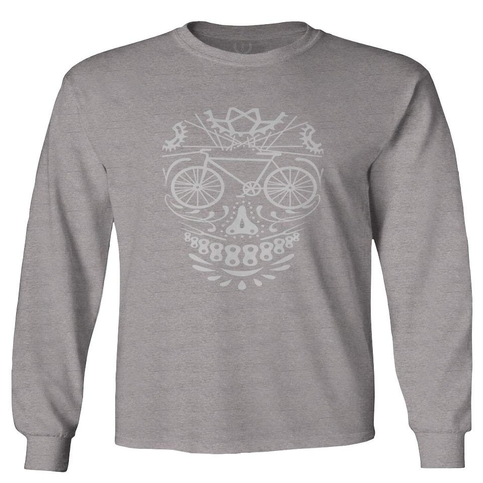 0305. Biker Skull Graphic Biking Mountain Bike Bicycle MTB Rider Men's Long Sleeve t Shirt (Light Gray Small)