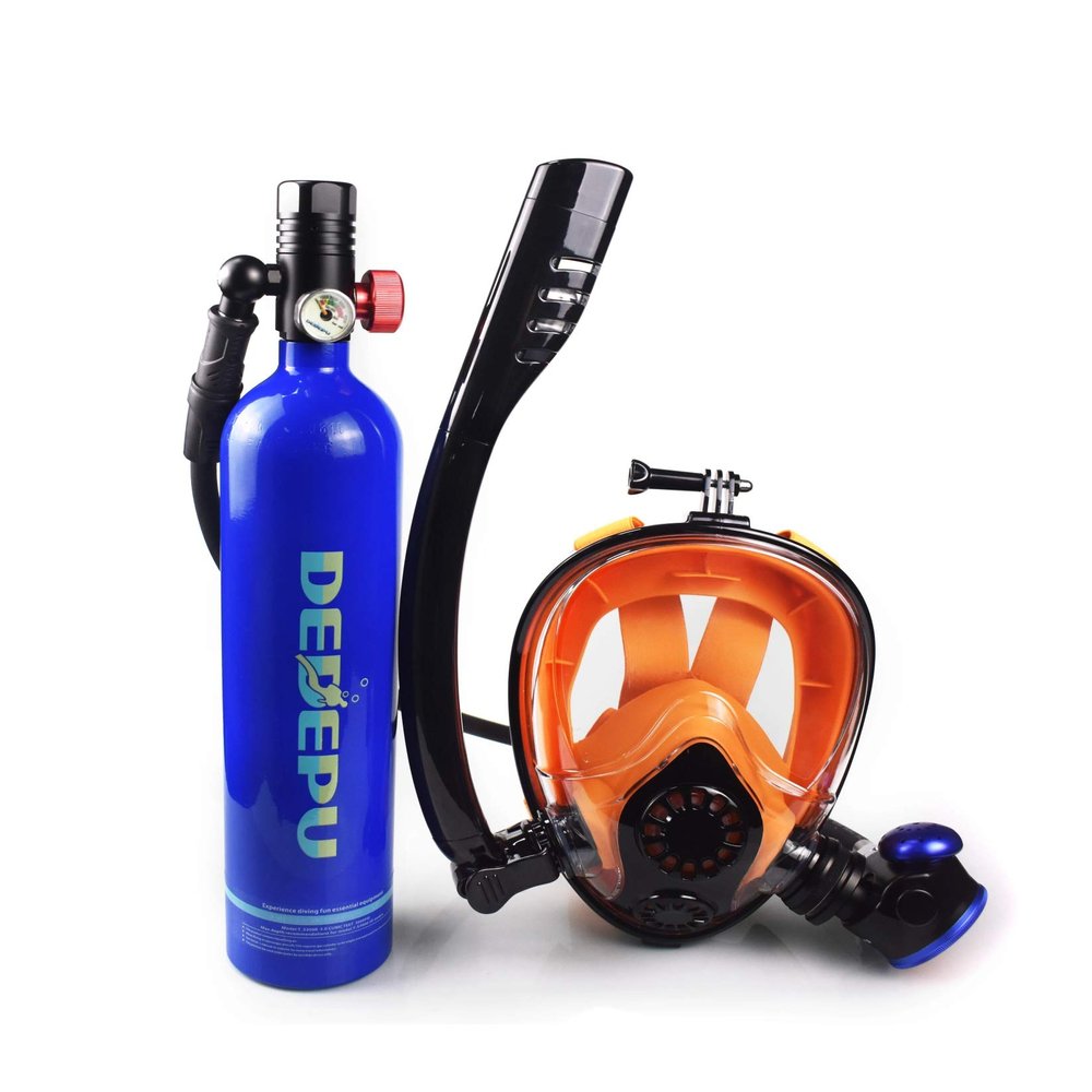 DEDEPU Scuba Cylinder Full Face Diving Mask Size S/M Scuba Oxygen 1L Tank Blue Color with Manual Oxygen Pump