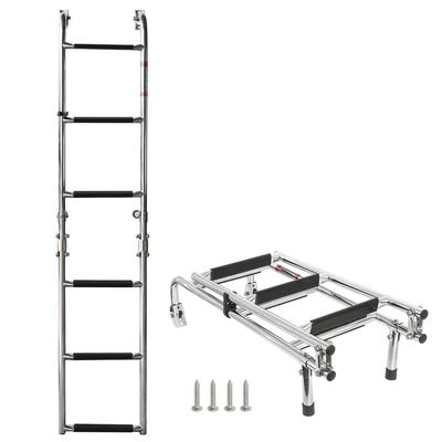 Amarine Made 6 Step Folding Ladder Boat Stern Mount Removable Ladder Marine Stainless Steel Pontoon Ladders Polished 3+3 Step with Rubber Grips (with Mounting Screws)-550lbs Capacity