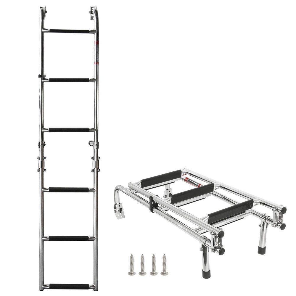 Amarine Made 6 Step Folding Ladder Boat Stern Mount Removable Ladder Marine Stainless Steel Pontoon Ladders Polished 3+3 Step with Rubber Grips (with Mounting Screws)-550lbs Capacity