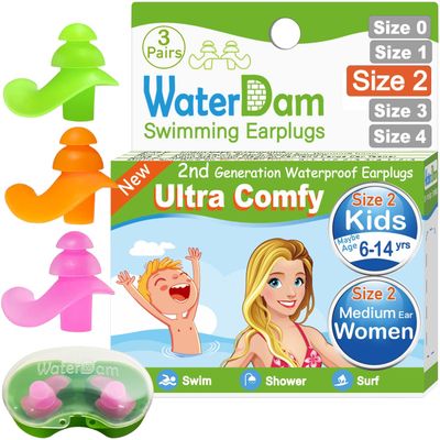 WaterDam Swimming Ear Plugs Great Waterproof Ultra Comfy Earplugs Prevent Swimmer's Ear (Size 2+2+2: Kids Teens Medium/Small Ear Women, Men (Green Orange Pink))