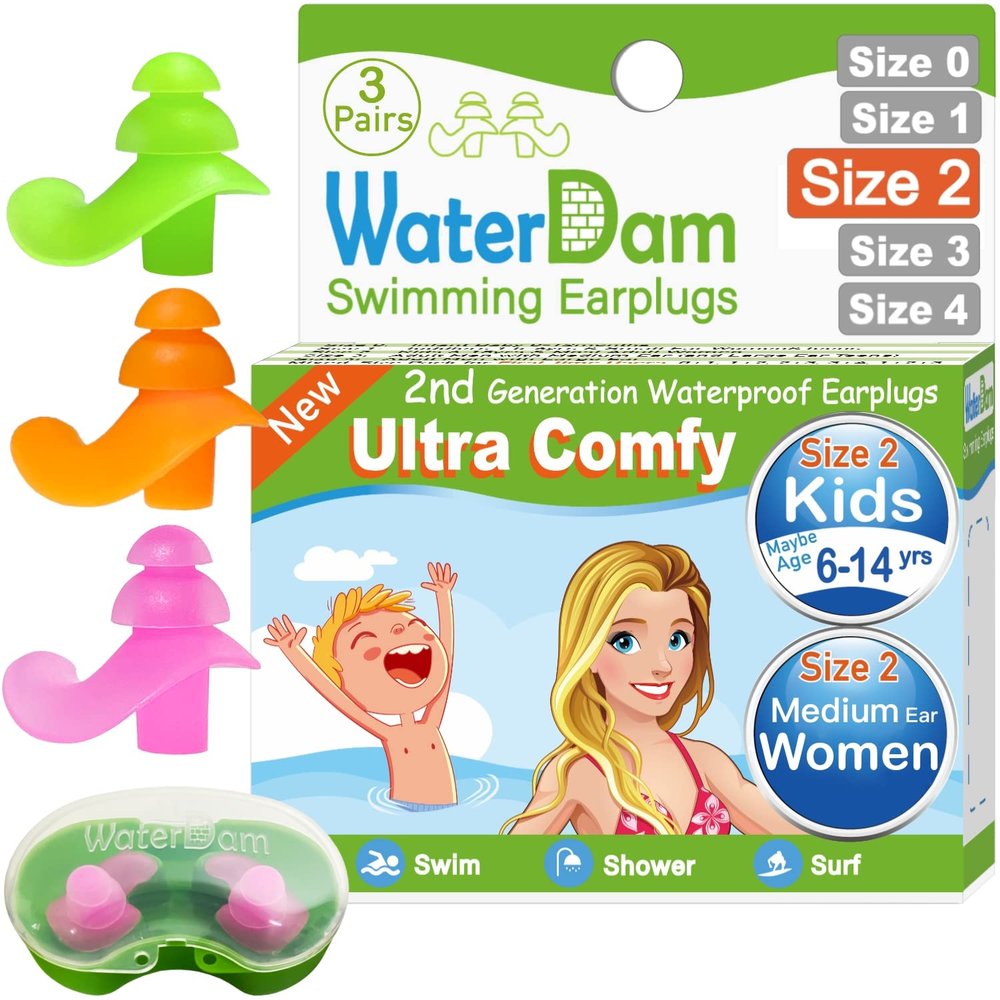 WaterDam Swimming Ear Plugs Great Waterproof Ultra Comfy Earplugs Prevent Swimmer's Ear (Size 2+2+2: Kids Teens Medium/Small Ear Women, Men (Green Orange Pink))