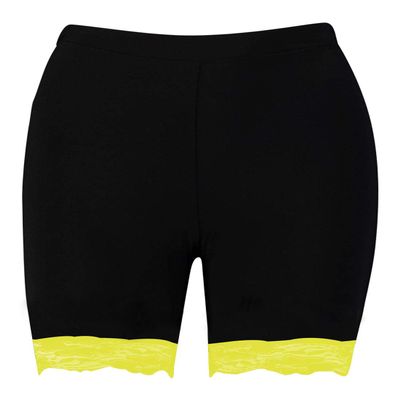 Womens Scallop Lace Trim Plain Gym Bike Tights Viscose Cycling Shorts Hot Pants Black - Neon Yellow