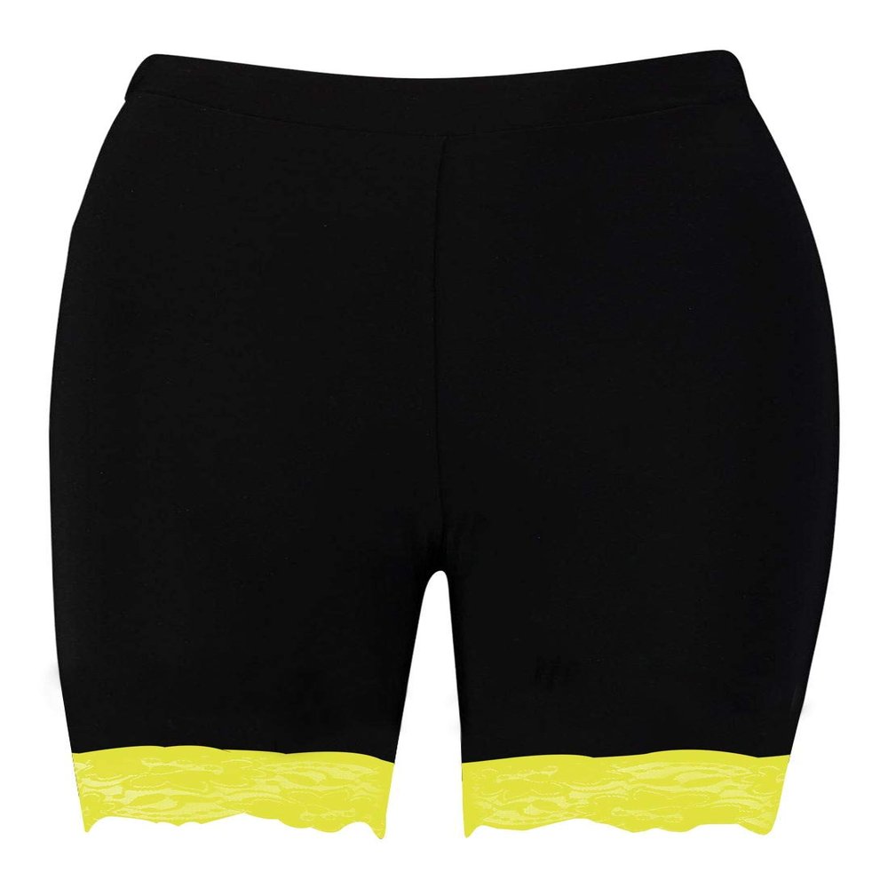 Womens Scallop Lace Trim Plain Gym Bike Tights Viscose Cycling Shorts Hot Pants Black - Neon Yellow