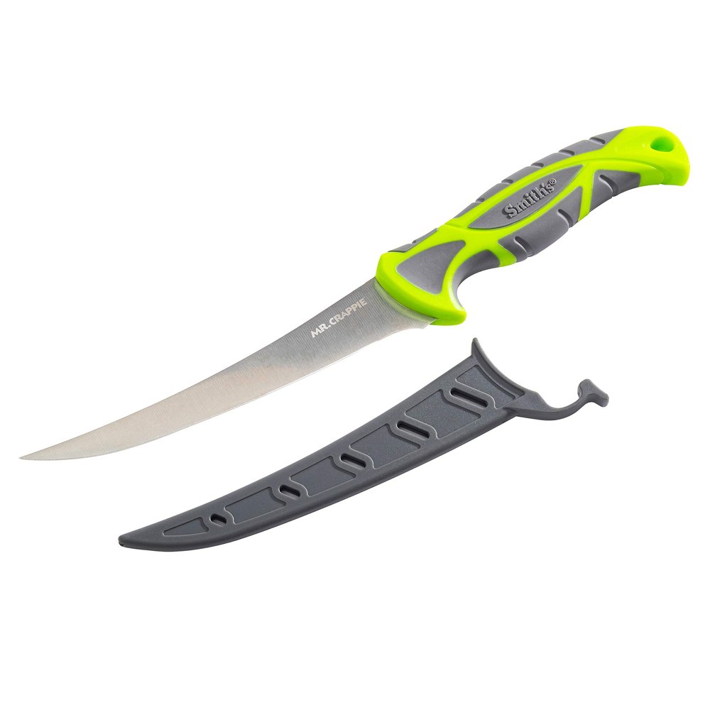 Smith's 51208 Mr. Crappie 6-Inch Curved Slab-Sticker Fillet Knife Green Stainless Steel Blade TPE Soft Grip Handle Durable Plastic Sheath Lanyard Hole