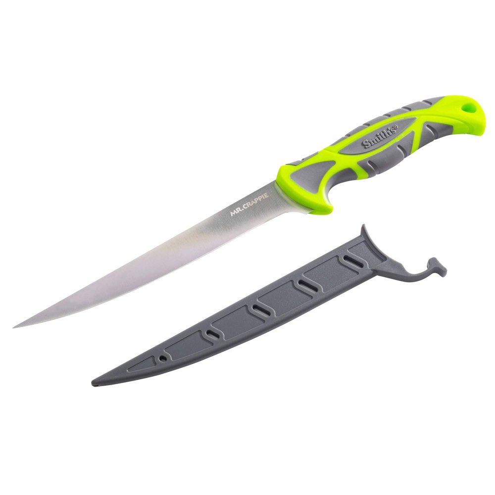 Smith's 51209 Mr. Crappie 7-Inch Curved Slab-Sticker Fillet Knife Green Stainless Steel Blade TPE Soft Grip Handle Durable Plastic Sheath Lanyard Hole