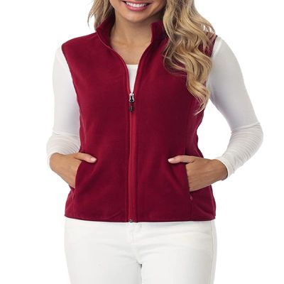 Fuinloth Women's Fleece Vest, Polar Soft Sleeveless Classic Fit with Zip up Pockets Wine Red Large