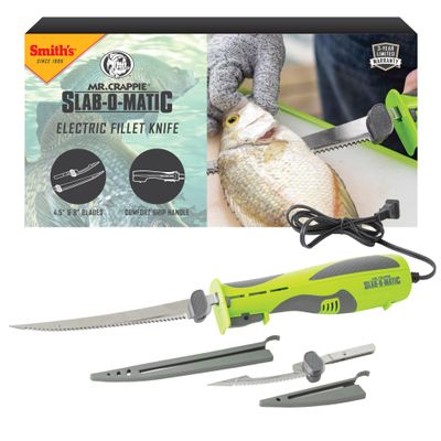Smiths Mr. Crappie Slab-O-Matic Electric Fillet Knife - Removable 8 & 4.5 Serrated Stainless Steel Blades w/ Sheaths - Fillet Glove & Mesh Storage Bag - Fishing, Outdoor, Hunting Electric Knife