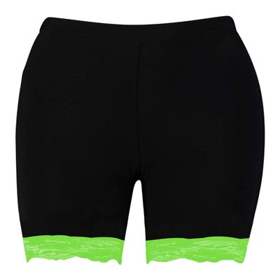 Womens Scallop Lace Trim Plain Gym Bike Tights Viscose Cycling Shorts Hot Pants Black - Neon Green