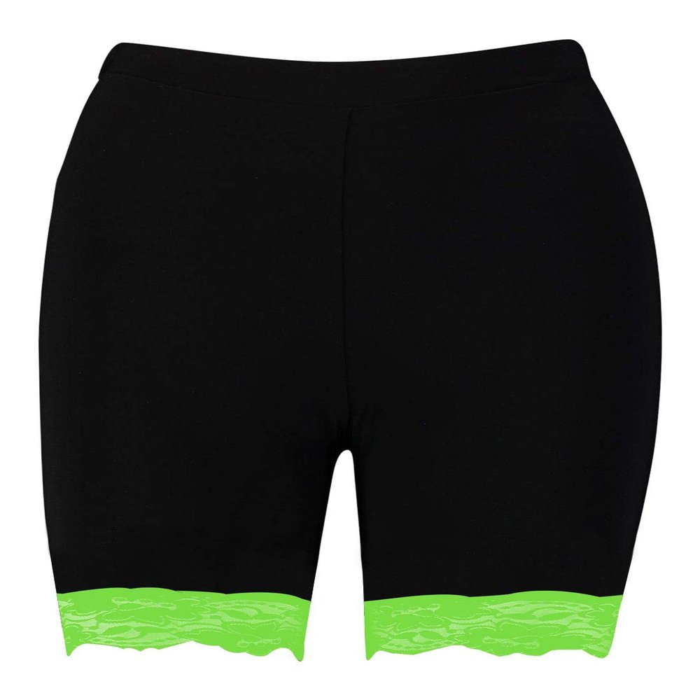 Womens Scallop Lace Trim Plain Gym Bike Tights Viscose Cycling Shorts Hot Pants Black - Neon Green