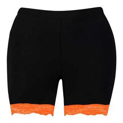 Womens Scallop Lace Trim Plain Gym Bike Tights Viscose Cycling Shorts Hot Pants Black - Neon Orange