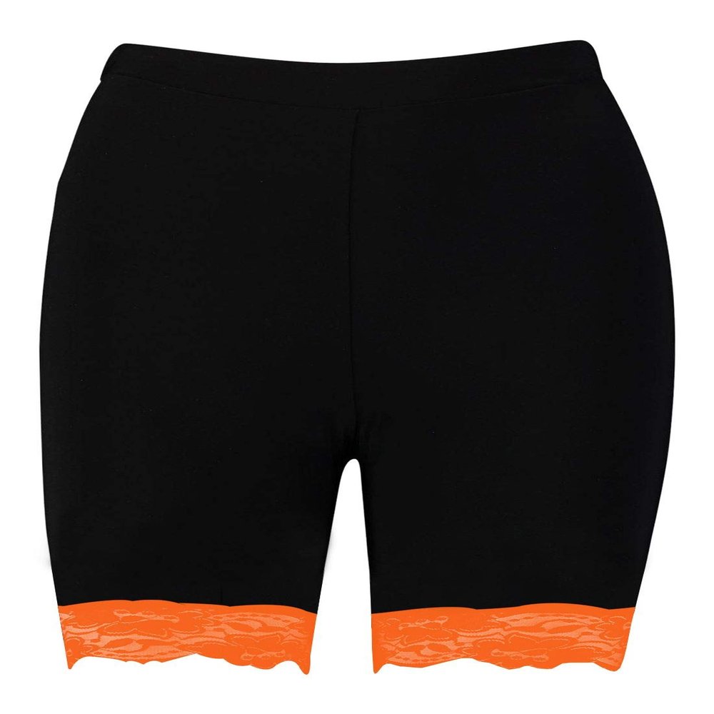 Womens Scallop Lace Trim Plain Gym Bike Tights Viscose Cycling Shorts Hot Pants Black - Neon Orange