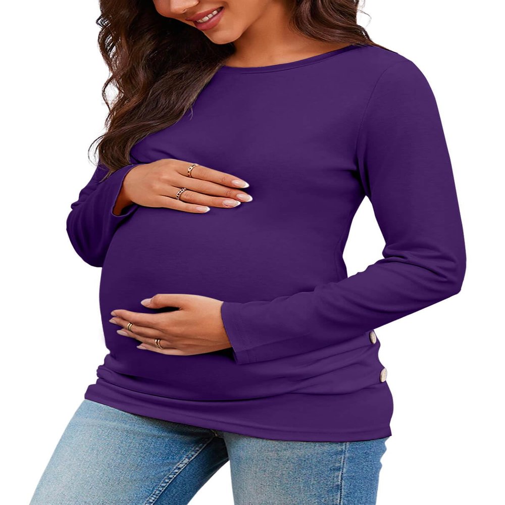 Chuanqi Womens Maternity Shirt Fall Long Sleeve Crew Neck T-Shirts Pregnancy Clothes Side Ruched Tunic Tops A-Purple