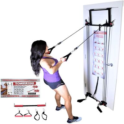 Tower 200 Complete Door Gym Full Body Workout | Home Gym Fitness Exercise System Total Body Strength Training | Includes Heavy Duty Resistance Bands, Straight Bar, 2x Hand Grips, 2x Ankles Straps, DVD