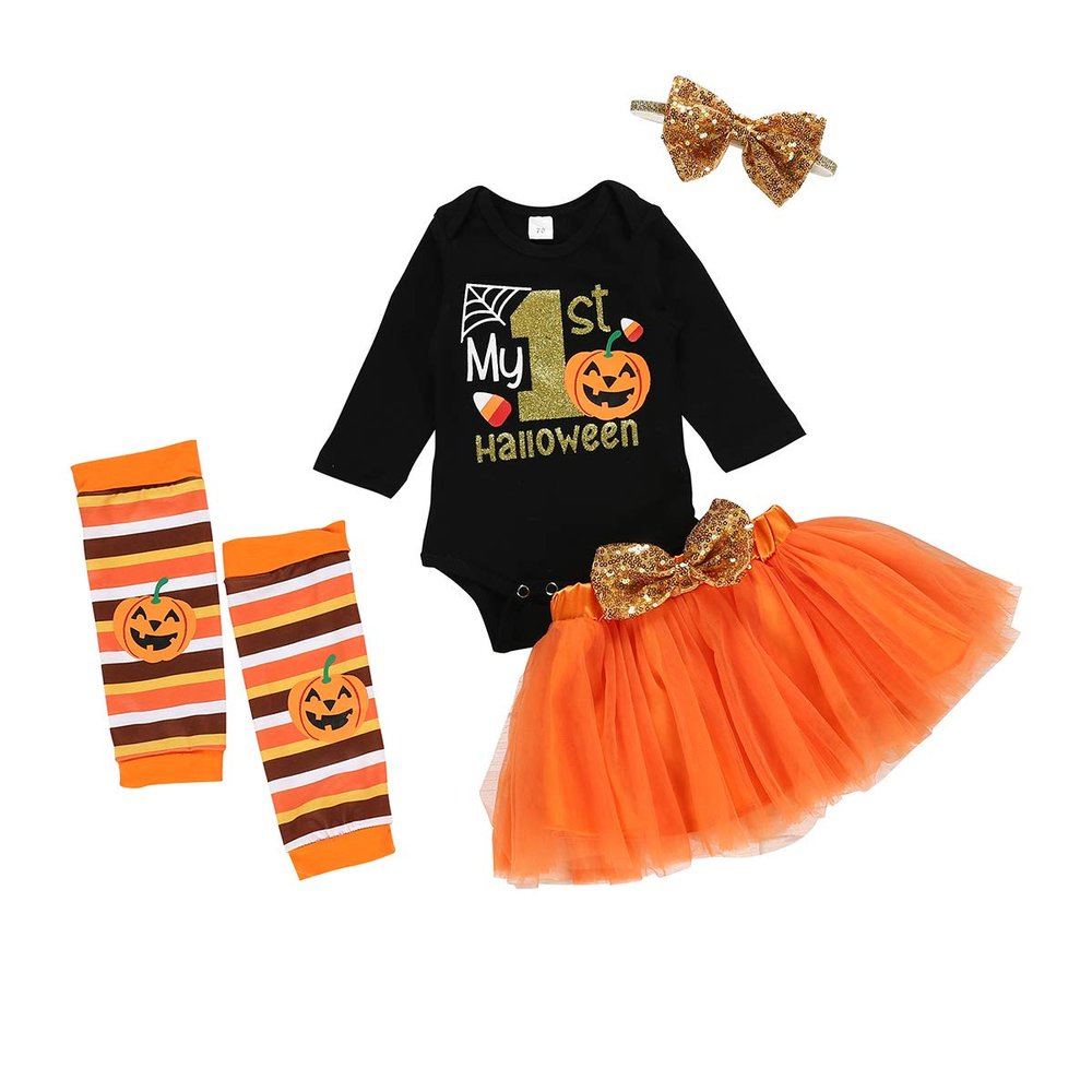 XFGLCK Newborn Baby Girl 1st Halloween Skirt Set Pumpkin Print Long Sleeve Romper +Tutu Skirt +Headbands +Legging Warmer Outfits (Halloween orange skirt set, 0-3 months)