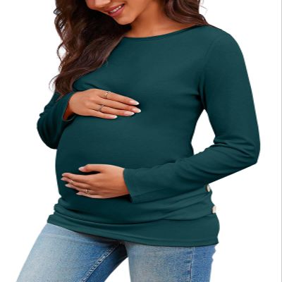 Chuanqi Womens Maternity Shirt Fall Long Sleeve Crew Neck T-Shirts Pregnancy Clothes Side Ruched Tunic Tops A-Green