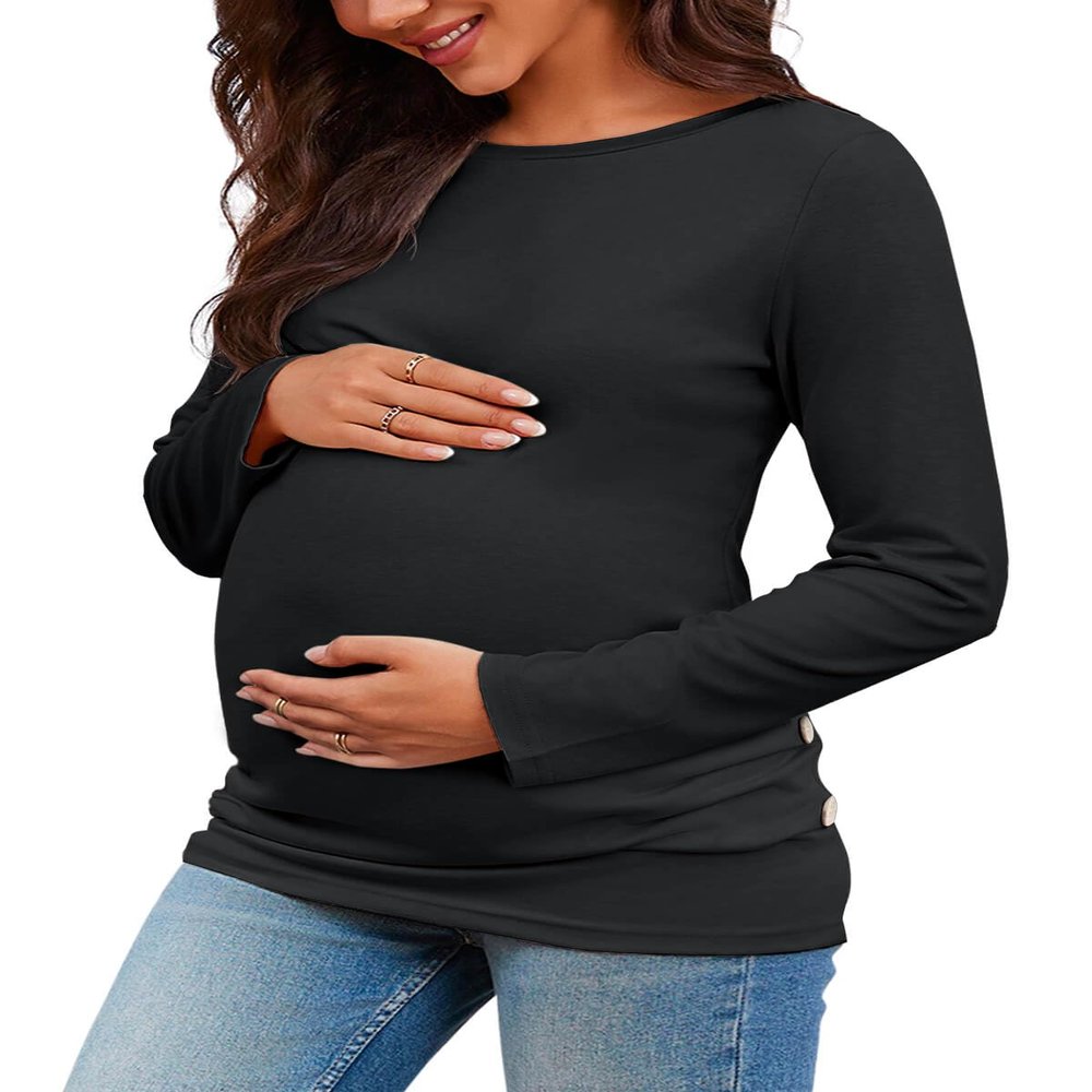 Chuanqi Womens Maternity Shirt Fall Long Sleeve Crew Neck T-Shirts Pregnancy Clothes Side Ruched Tunic Tops A-Black