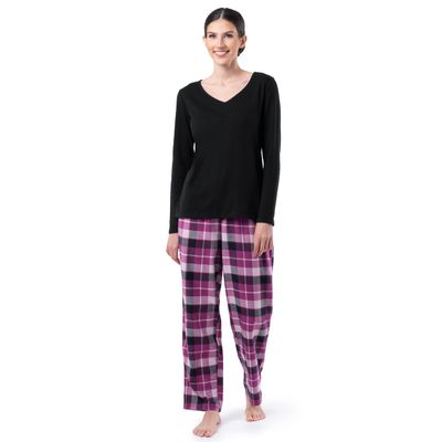 Fruit of the Loom Women's Plus Size Waffle V-Neck Top and Flannel Pant Sleep Set, Black/Buffalo Plaid, 2X