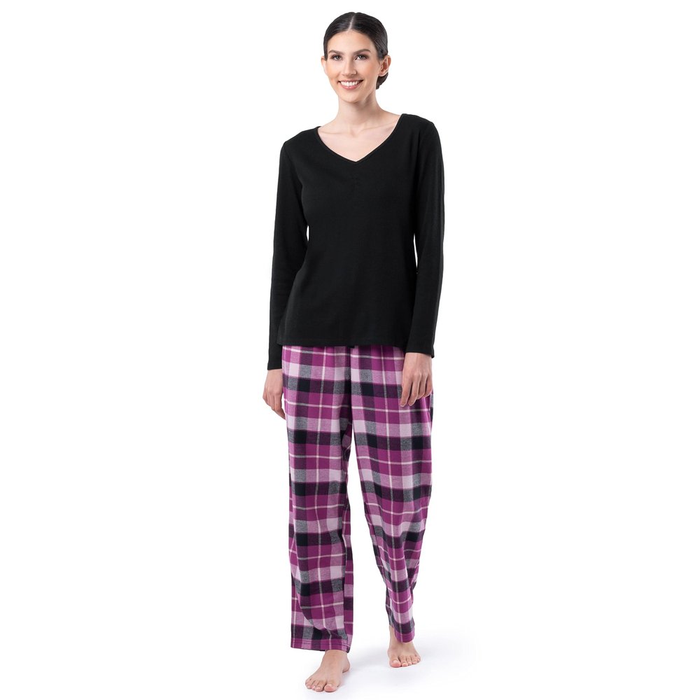 Fruit of the Loom Women's Plus Size Waffle V-Neck Top and Flannel Pant Sleep Set, Black/Buffalo Plaid, 2X