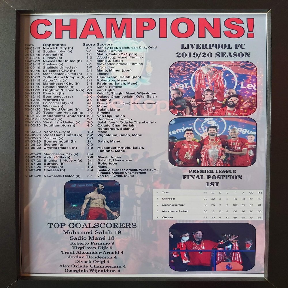 Liverpool 2020 Premier League champions - framed print