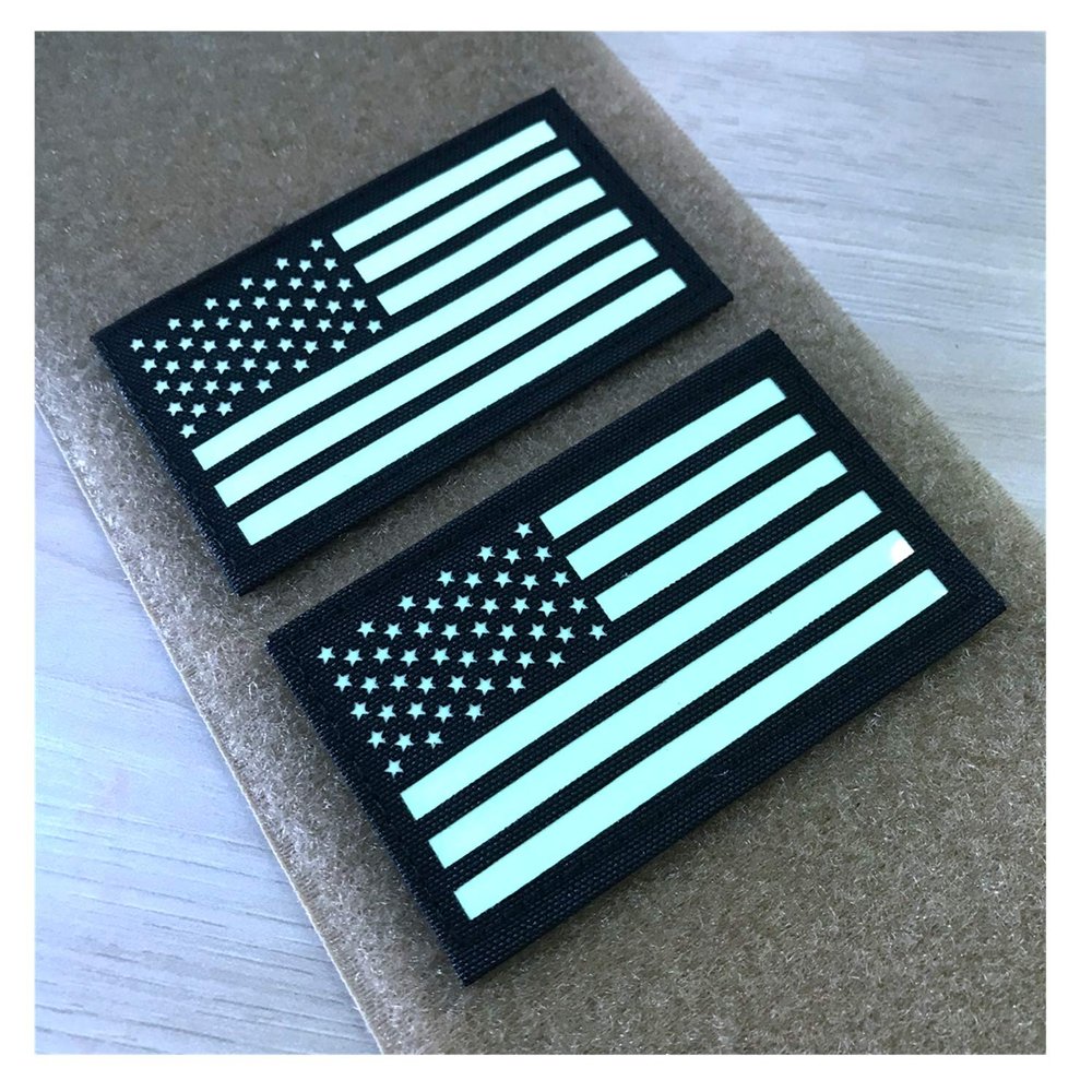 2x3.5 Black White Glow in Dark US USA American Flag Tactical Patches Forward and Reversed (2 Pack)