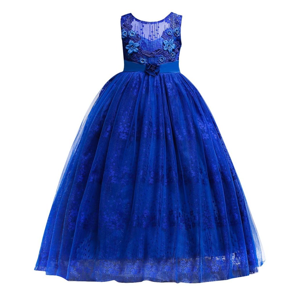 FMYFWY Little Big Girls Flower Tulle Lace Dress Sleeveless Princess Pageant Birthday Party Wedding Dance Evening Long Gown Royal Blue 11-12T