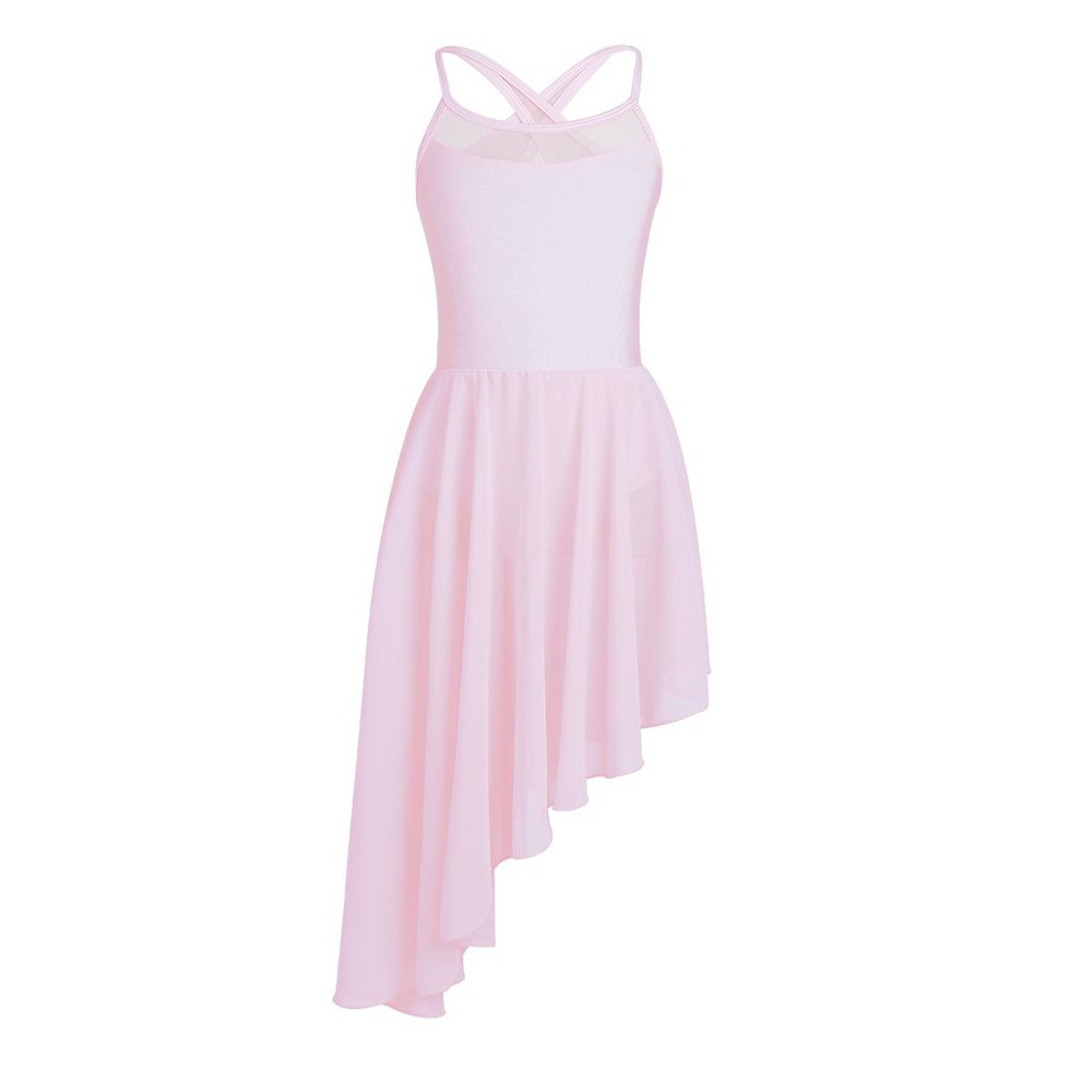 Aislor Kids Girls Chiffon Criss Cross Back Irregular Hem Lyrical Dance Dress Ballet Gymnastics Leotard Dresses Pink 11-12 Years
