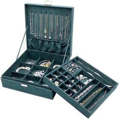 ProCase Velvet Jewelry Box Organizer for Women, 2 Layer Jewelry Display Storage Holder Case for Necklace Earrings Bracelets Rings -Green