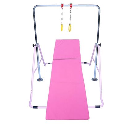 Athletic Bar Expandable Kids Gymnastics Bar Horizontal Kip Bar + 2 Trapeze Rings, Junior Training Adjustable Height Jungle Gym Children Monkey Bars Climbing Tower Playground Balance Bar Gymnasts Pink