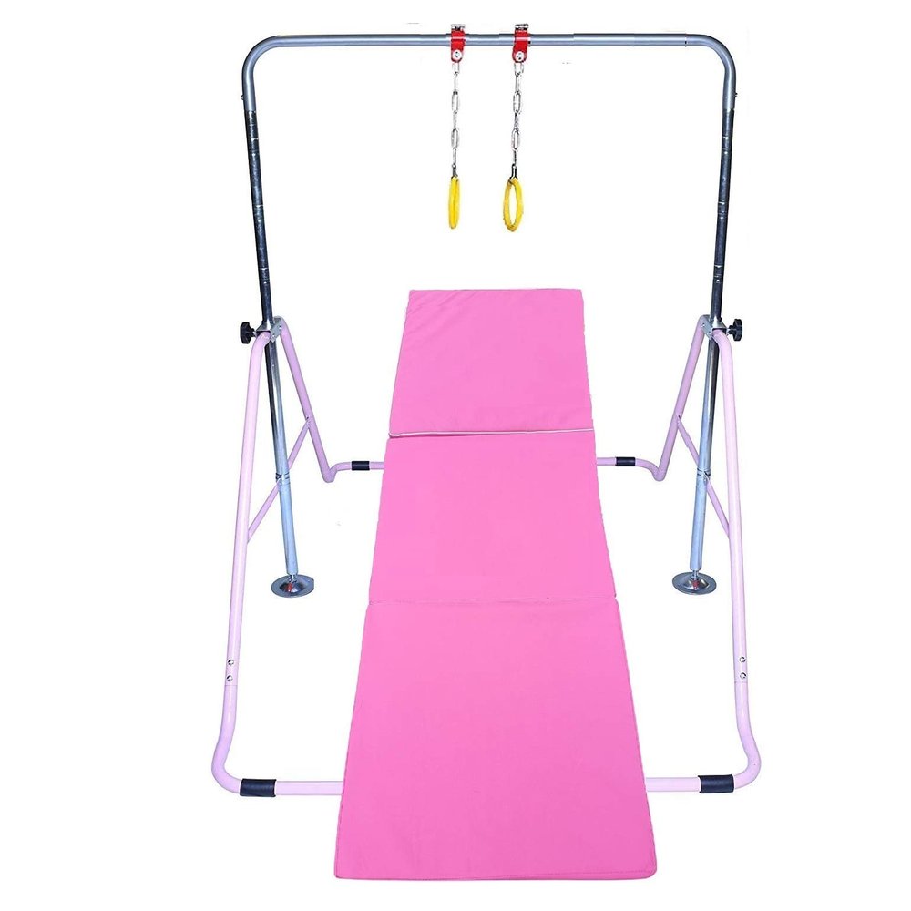 Athletic Bar Expandable Kids Gymnastics Bar Horizontal Kip Bar + 2 Trapeze Rings, Junior Training Adjustable Height Jungle Gym Children Monkey Bars Climbing Tower Playground Balance Bar Gymnasts Pink