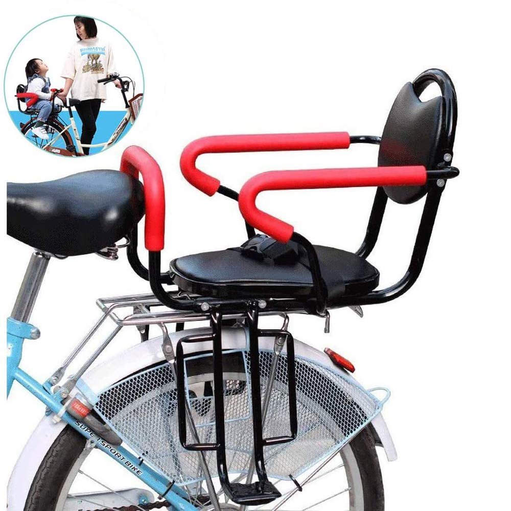 Wing Enterprises Child Bicycle Seat Rear Mounted, Metal Bike Seat Back Mount Safety Baby Carrier Seat with Cushion & Backrest Foot Pedals/Armrest, Handrail, Hold Up to 50Kg