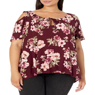 Star Vixen Women's Plus Size Cold Shoulder Tie Neck Keyhole Peasant Top, Burgundy/Floral, 3X