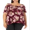 Star Vixen Women's Plus Size Cold Shoulder Tie Neck Keyhole Peasant Top, Burgundy/Floral, 3X view 1