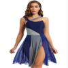 FEESHOW Lyrical Women Adults Sleeveless Mesh Color Block Leotard Dress Modern Contemporary Dance Costume Navy_Blue X-Small view 1