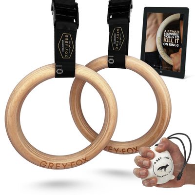 New Grey Fox Premium Numbered 1.1" Wooden Gymnastic Rings with Adjustable Straps Olympic Size: Chalk, Non-Slip Buckle |Full Body Suspension |Bodyweight Calisthenics |Home Gym Equipment |Fitness Gifts