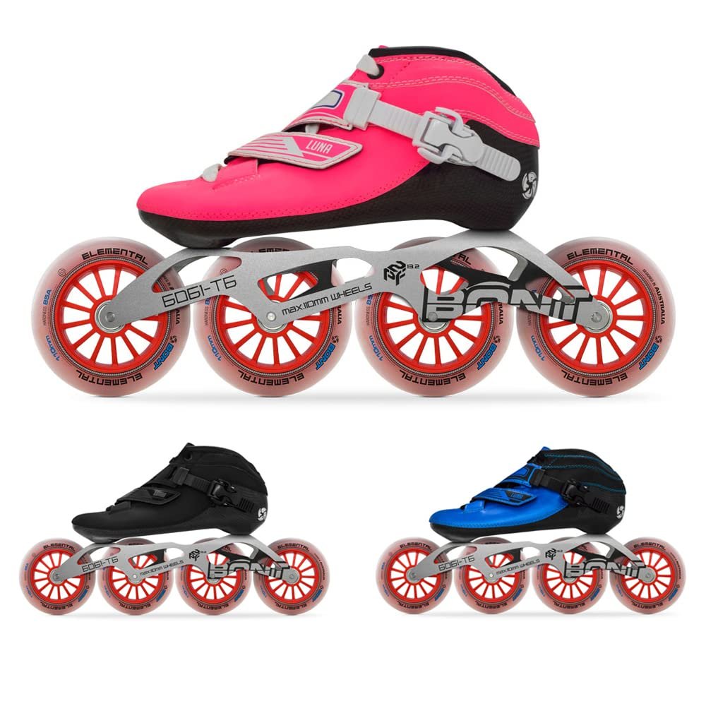 Bont Inline Speed Skating Racing - Luna Skate Boot + 2PF 6061 Frame + Elemental Wheels + ABEC7 Bearings - Youth - Boys - Girls - Men - Women (Black, 36.5/4.5)